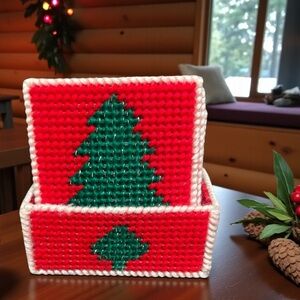 Handmade Cross Stitch Red Christmas Tree Coaster Set